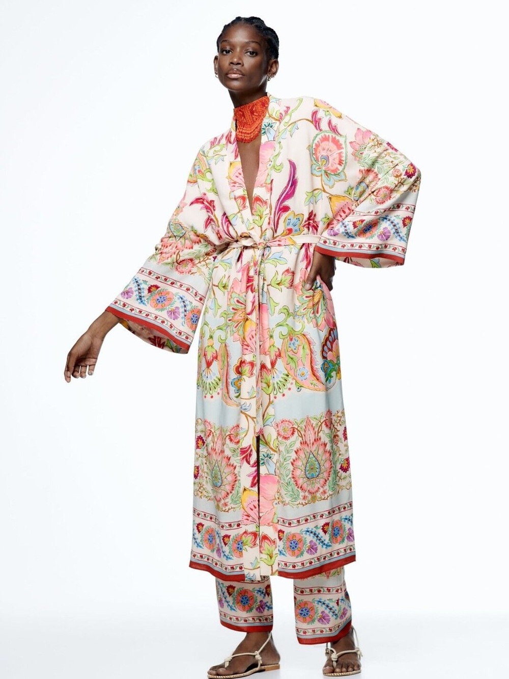 Zara NWOT Floral Print Belted Kimono and Matching Pants